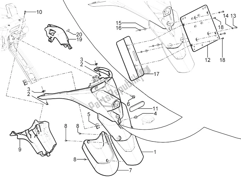 All parts for the Rear Cover - Splash Guard of the Piaggio MP3 125 Yourban ERL 2011