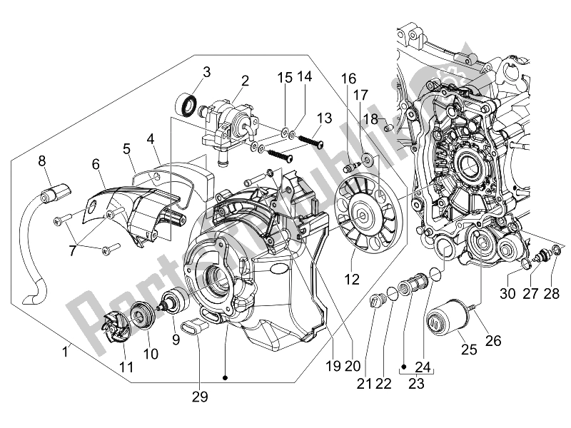 Toutes les pièces pour le Couvercle Magnéto Volant - Filtre à Huile du Piaggio X EVO 125 Euro 3 UK 2007