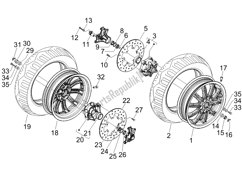 All parts for the Front Wheel of the Piaggio MP3 400 IE 2007