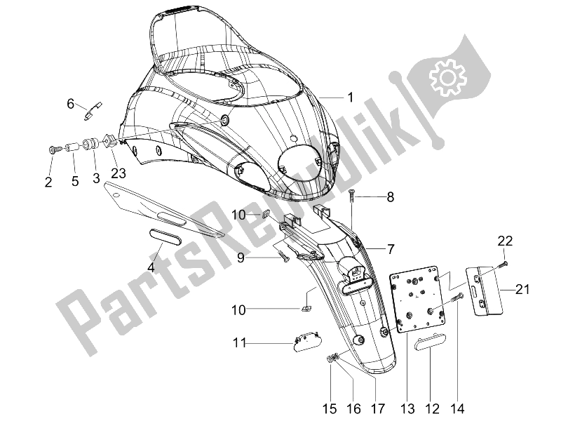 Toutes les pièces pour le Capot Arrière - Protection Contre Les éclaboussures du Piaggio Liberty 125 4T E3 UK 2006