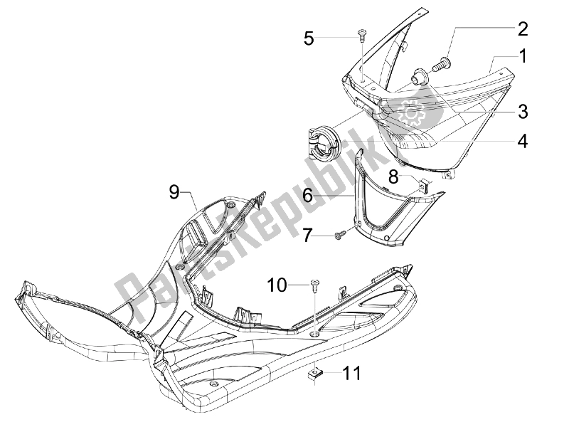 All parts for the Central Cover - Footrests of the Piaggio FLY 150 4T USA 2007