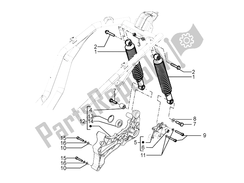 Todas las partes para Suspensión Trasera - Amortiguador / S de Piaggio BV 350 4T 4V IE E3 USA CA 2012