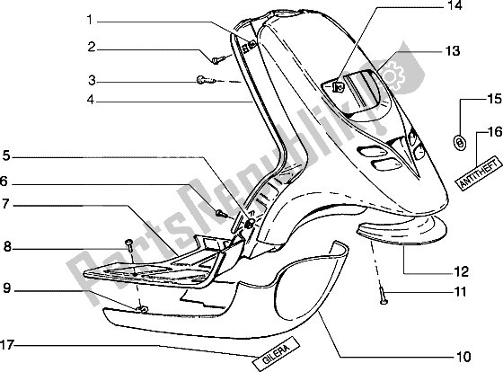 All parts for the Front Shield-footboard-spoiler of the Piaggio Typhoon 50 1999