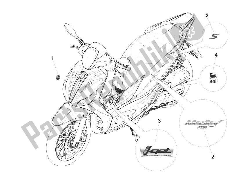 All parts for the Plates - Emblems of the Piaggio Medley 150 4T IE ABS EU 2016