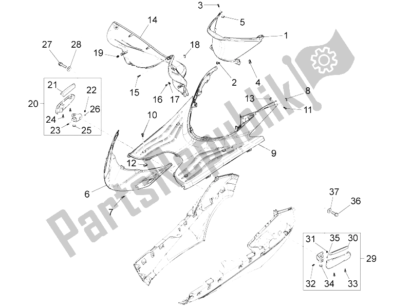 Toutes les pièces pour le Housse Centrale - Repose-pieds du Piaggio FLY 125 4T 3V IE E3 LEM 2012