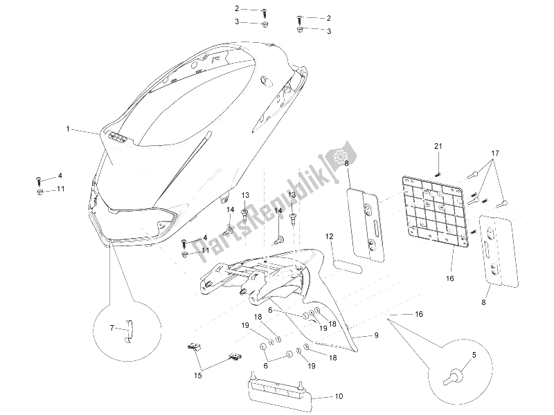 Toutes les pièces pour le Capot Arrière - Protection Contre Les éclaboussures du Piaggio Liberty 150 4T E3 MOC 2009