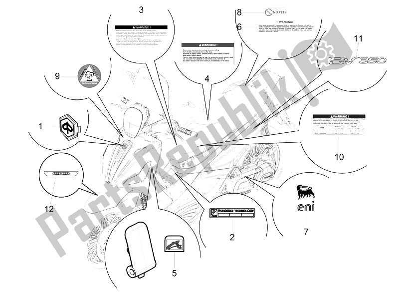 Toutes les pièces pour le Plaques - Emblèmes du Piaggio BV 350 4T 4V IE E3 ABS USA 2015