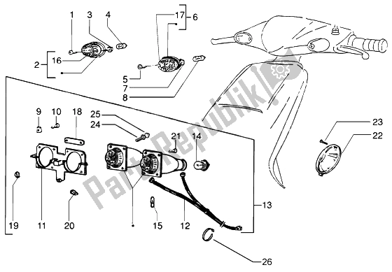 All parts for the Headlamp-front Turn Sig. Lamp of the Piaggio NRG MC3 DD 50 2002