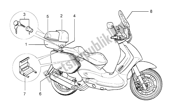 Tutte le parti per il Kit Bagagliaio Posteriore Kit Borse Laterali del Piaggio Beverly 125 2002