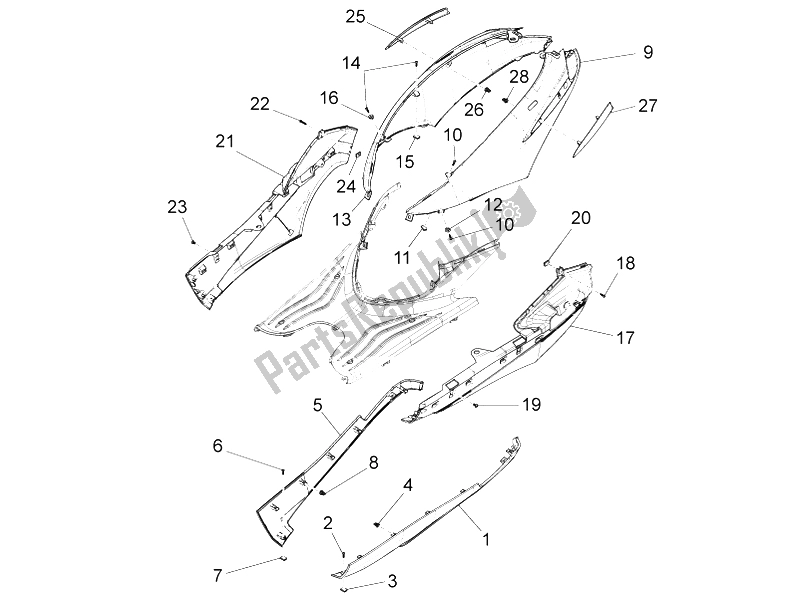 Toutes les pièces pour le Couvercle Latéral - Spoiler du Piaggio FLY 125 4T 3V IE E3 LEM 2012