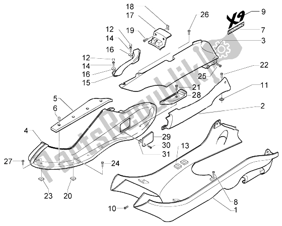 Toutes les pièces pour le Revêtements Latéraux-spoiler du Piaggio X9 500 Evolution ABS 2004