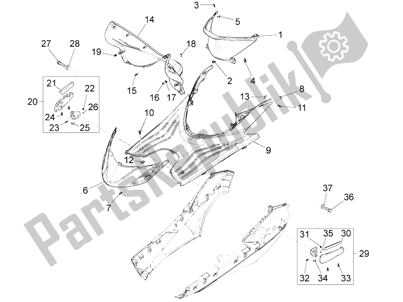 Tutte le parti per il Copertura Centrale - Poggiapiedi del Piaggio FLY 50 4T 4V USA 1 2014