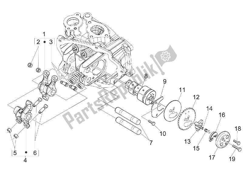 All parts for the Rocking Levers Support Unit of the Piaggio MP3 300 IE Touring 2011