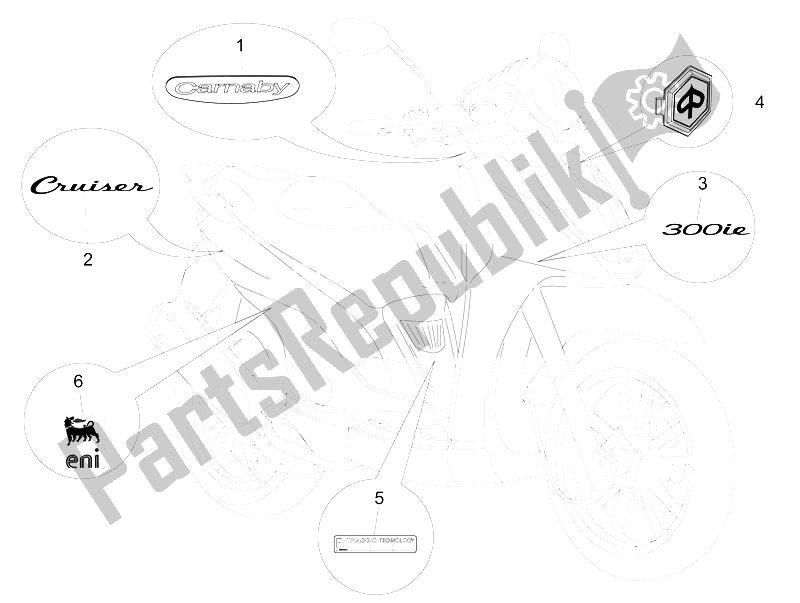 All parts for the Plates - Emblems of the Piaggio Carnaby 300 4T IE Cruiser 2009