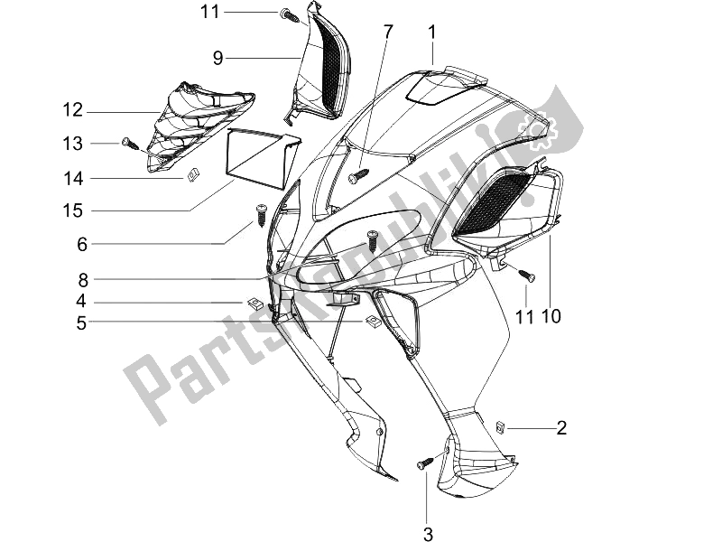 All parts for the Front Shield of the Piaggio NRG Power DD Serie Speciale 50 2007