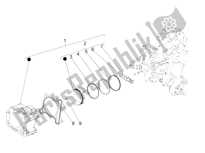 Alle onderdelen voor de Cilinder-zuiger-pols-peneenheid van de Piaggio BV 350 4T 4V IE E3 ABS USA 2015