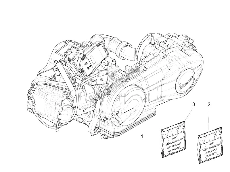 Alle onderdelen voor de Motor Assemblage van de Piaggio FLY 150 4T 3V IE USA 2016