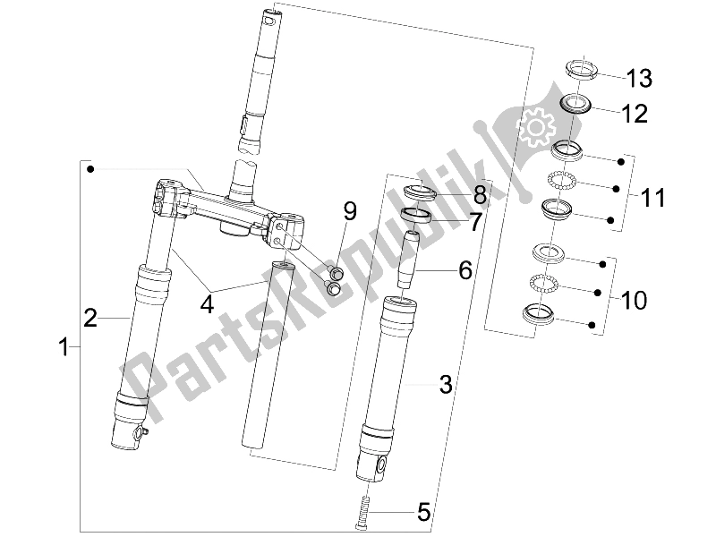 All parts for the Fork/steering Tube - Steering Bearing Unit of the Piaggio FLY 100 4T 2008