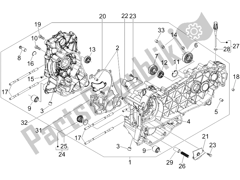 All parts for the Crankcase of the Piaggio FLY 125 4T E3 2009