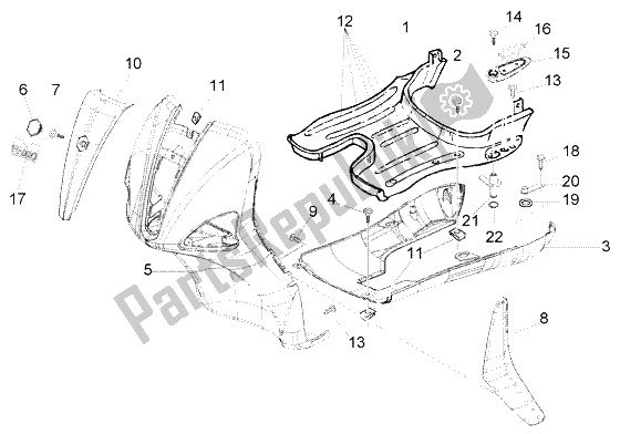 All parts for the Front Shield - Foot Board - Spoiler of the Piaggio Liberty 50 2T RST 2004