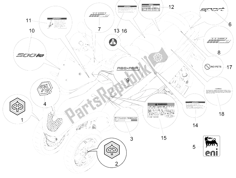 Todas las partes para Placas - Emblemas de Piaggio MP3 500 Sport ABS USA 2015