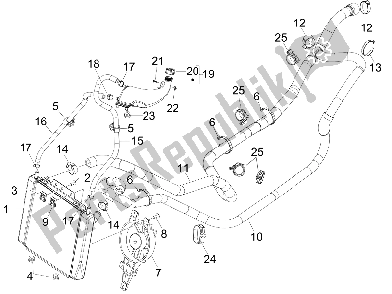 All parts for the Cooling System of the Piaggio MP3 300 4T 4V IE ERL Ibrido 2010