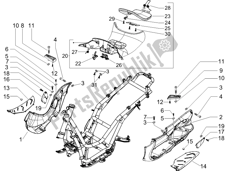 Toutes les pièces pour le Housse Centrale - Repose-pieds du Piaggio Beverly 250 Cruiser E3 2007