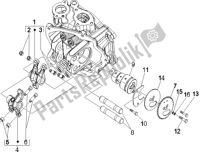 All parts for the Rocking Levers Support Unit of the Piaggio X8 125 Potenziato UK 2005