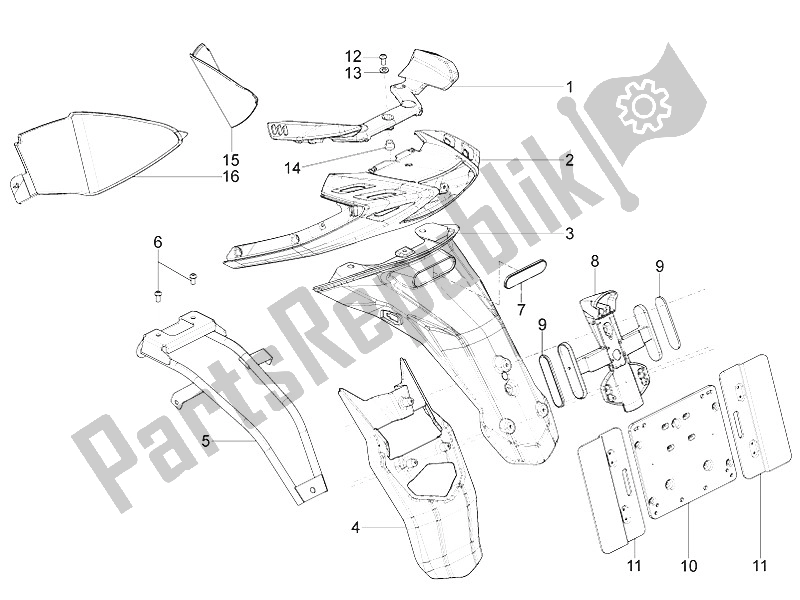 Toutes les pièces pour le Capot Arrière - Protection Contre Les éclaboussures du Piaggio Typhoon 125 4T 2V E3 USA 2011