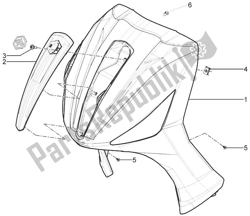 All parts for the Front Shield of the Piaggio Beverly 300 IE ABS E4 EU 2016