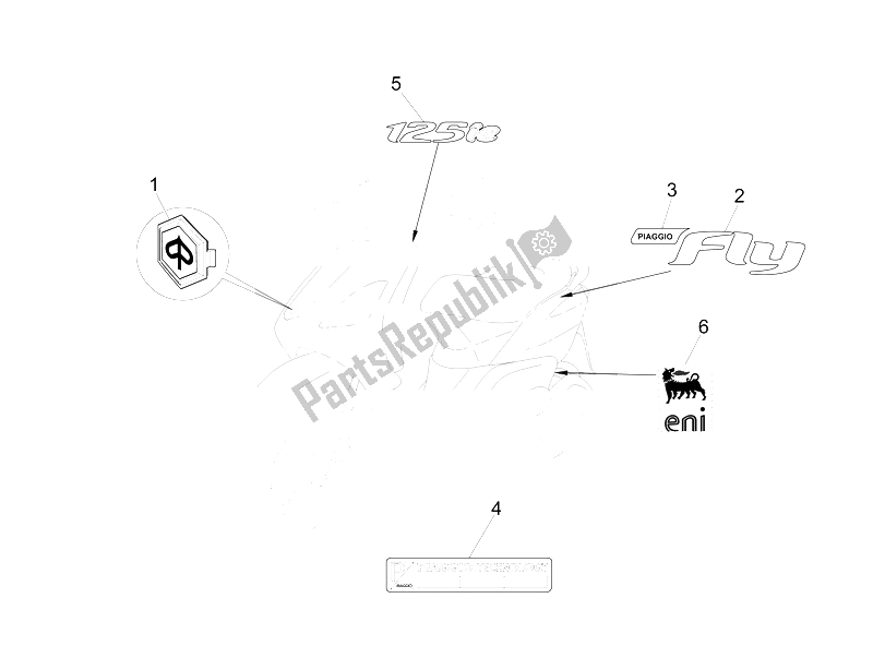 All parts for the Plates - Emblems of the Piaggio FLY 125 4T 3V IE E3 LEM 2012
