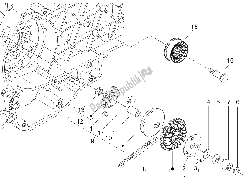 All parts for the Driving Pulley of the Piaggio Beverly 125 Sport E3 2007