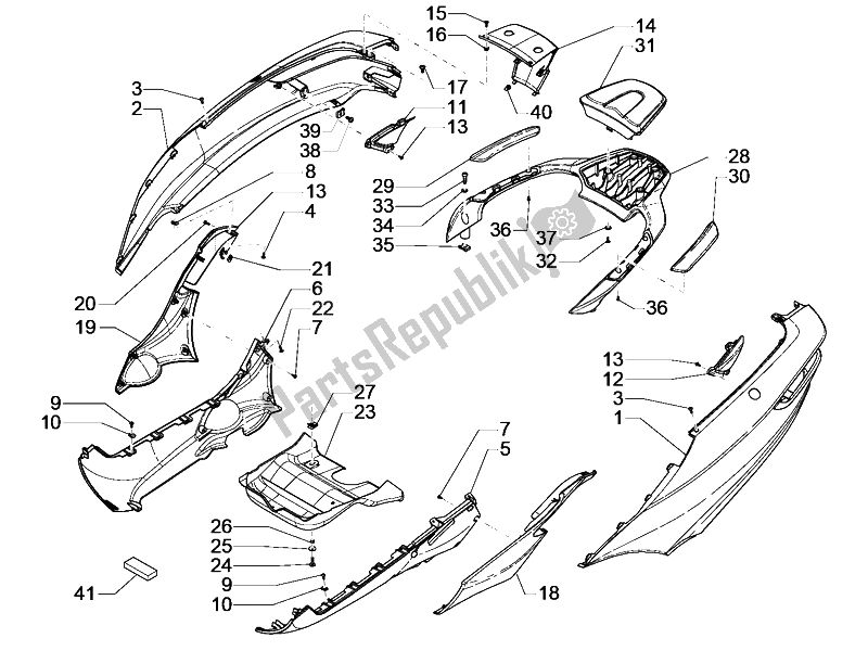 Alle onderdelen voor de Zijdeksel - Spoiler van de Piaggio MP3 500 Sport ABS USA 2015