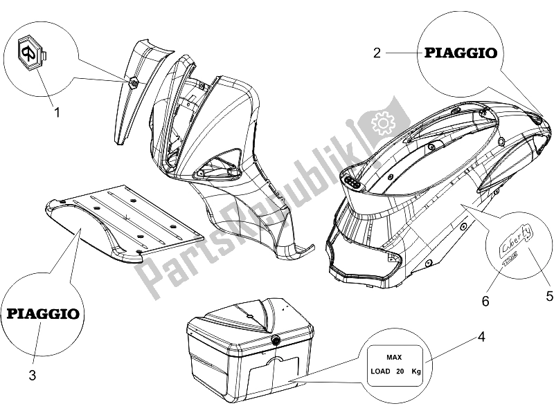 All parts for the Plates - Emblems of the Piaggio Liberty 125 4T PTT E3 A 2007