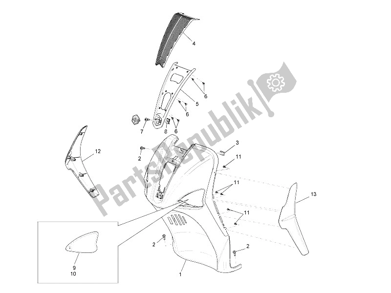 All parts for the Front Shield of the Piaggio Liberty 125 4T 2V IE E3 Vietnam 2011