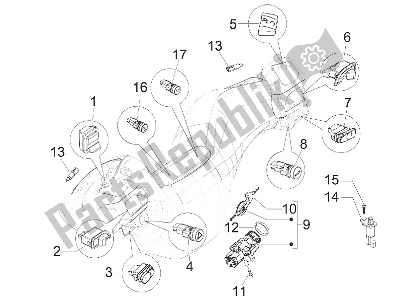 Tutte le parti per il Selettori - Interruttori - Pulsanti del Piaggio MP3 300 IE LT Touring 2011