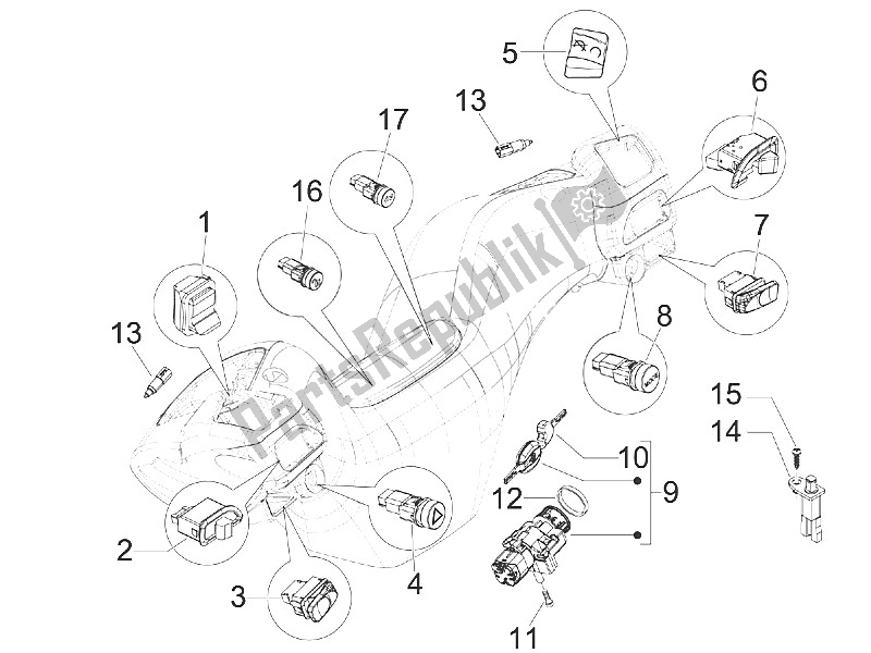 Alle onderdelen voor de Keuzeschakelaars - Schakelaars - Knoppen van de Piaggio MP3 400 RL Touring 2011