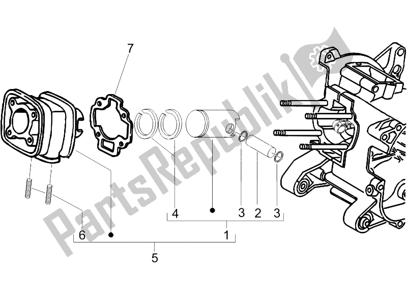 All parts for the Cylinder-piston-wrist Pin Unit of the Piaggio NRG Power Pure JET 50 2005