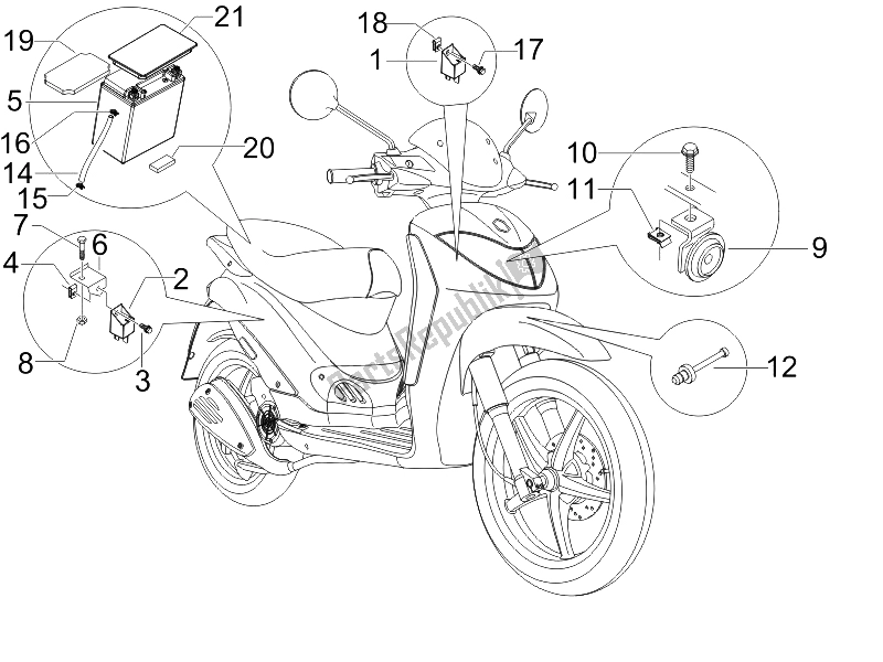 Tutte le parti per il Interruttori Del Telecomando - Batteria - Avvisatore Acustico del Piaggio Liberty 200 4T Sport E3 2006