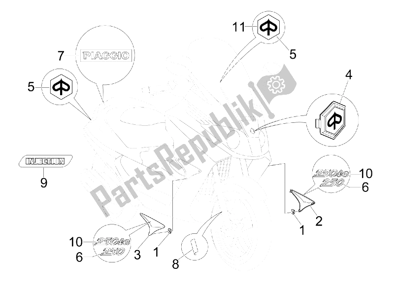 Tutte le parti per il Piatti - Emblemi del Piaggio X8 250 IE 2005