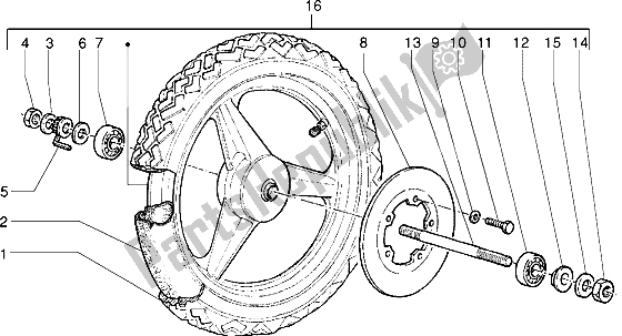 All parts for the Front Wheel (disk Brake Version) of the Piaggio Free FL 50 1995