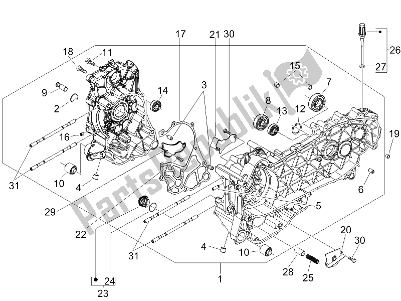 All parts for the Crankcase of the Piaggio Liberty 125 4T 2V E3 2009