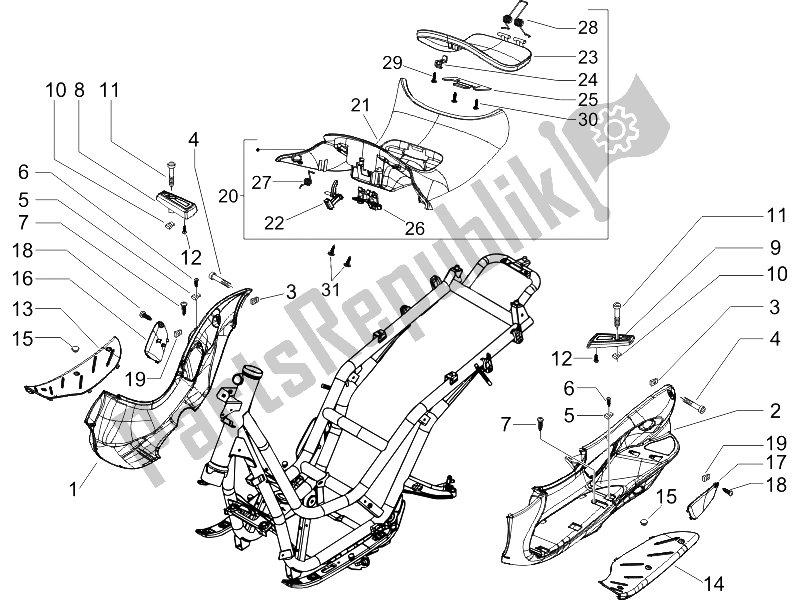 All parts for the Central Cover - Footrests of the Piaggio Beverly 250 IE Sport E3 2006