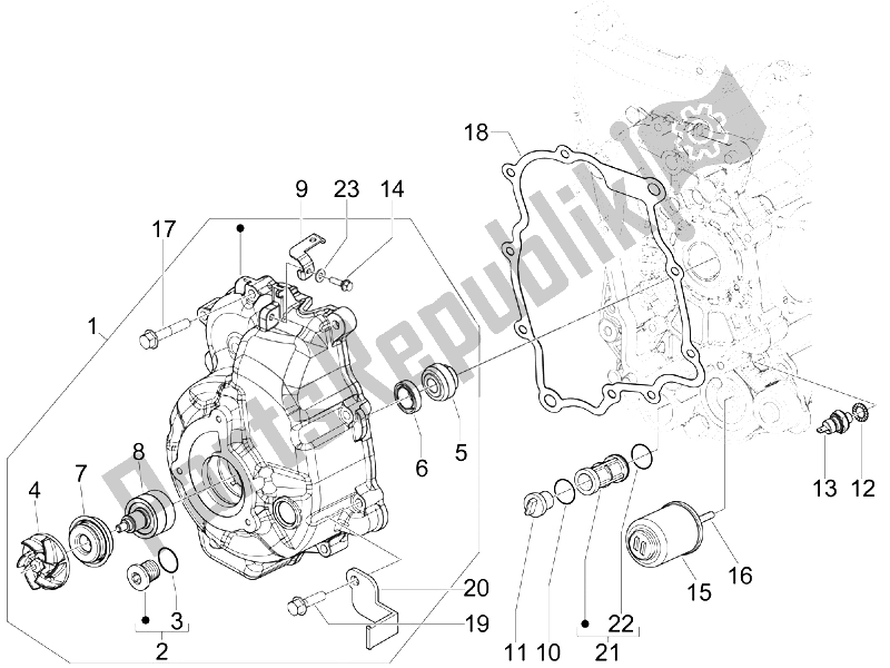 All parts for the Flywheel Magneto Cover - Oil Filter of the Piaggio X7 300 IE Euro 3 2009