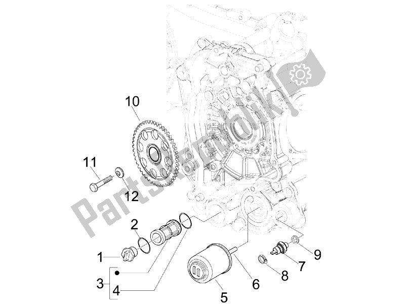 All parts for the Flywheel Magneto Cover - Oil Filter of the Piaggio FLY 150 4T USA 2007