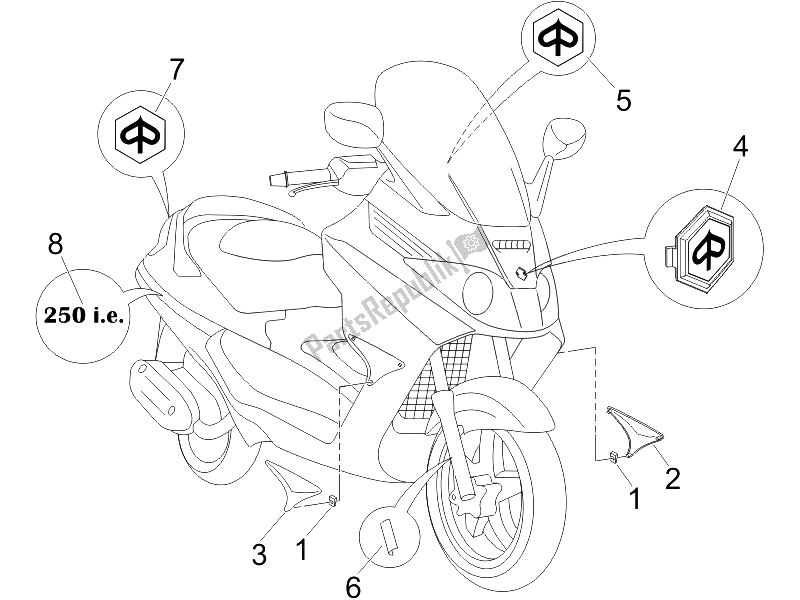 Tutte le parti per il Piatti - Emblemi del Piaggio X8 250 IE UK 2005