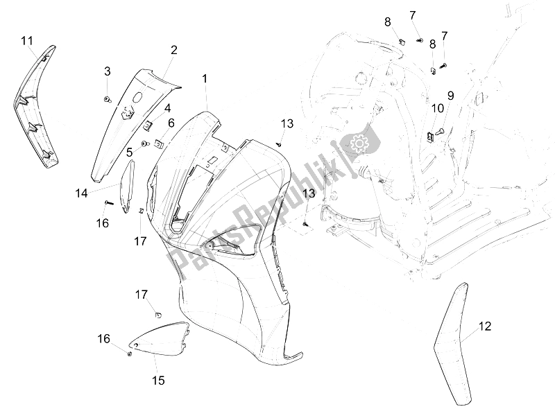 All parts for the Front Shield of the Piaggio Liberty 50 4T PTT 2009