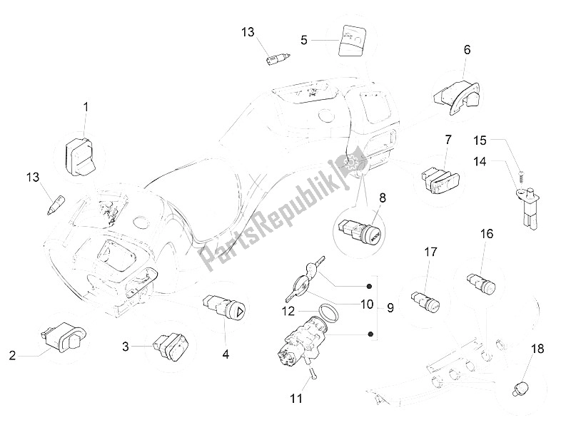 Todas as partes de Seletores - Interruptores - Botões do Piaggio MP3 300 IE E4 LT Business Sport ABS EU 2016