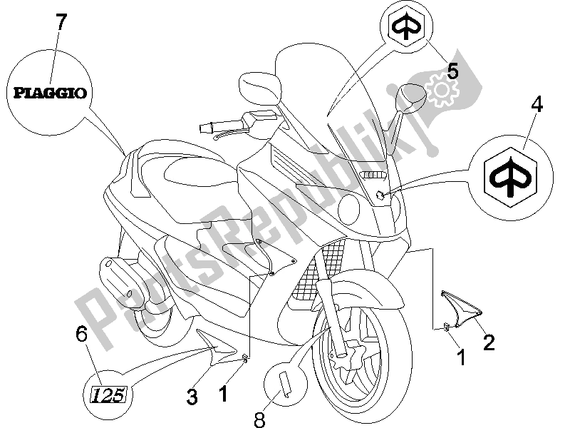 Tutte le parti per il Piatti - Emblemi del Piaggio X8 125 Potenziato UK 2005