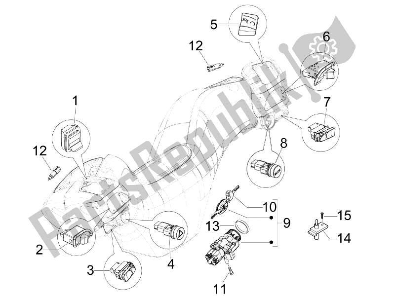 Tutte le parti per il Selettori - Interruttori - Pulsanti del Piaggio MP3 400 IE 2007